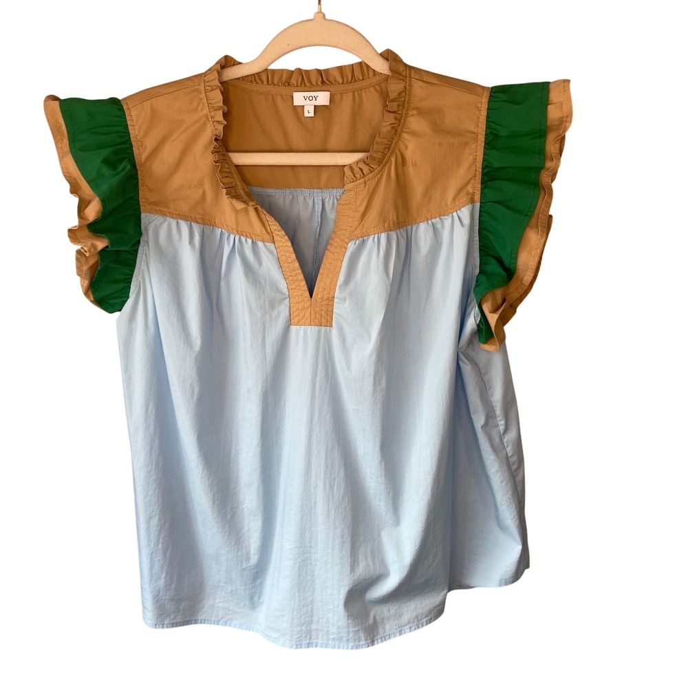 VOY Women Blue Tan Green Colorblock Ruffle Cap Sleeve Split Neck Top Large